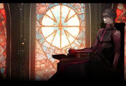  1boy absurdres black_hair black_robe church clenched_hand commentary_request cross feet_out_of_frame highres indoors inverted_cross ishida_sui jack_jeanne male_focus multi-source_commentary mutsumi_kai official_artist_extra oh_rama_havenna! priest robe short_hair sitting solo stained_glass story_in_commentary 