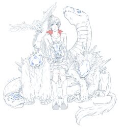  1girl alternate_color alternate_size animal beowolf_(rwby) blue_eyes blush boarbatusk boots claws collarbone commentary dress earrings english_commentary eyelashes fangs grimm_(rwby) highres holding holding_animal jewelry king_taijitu long_hair long_sleeves lycanheiress nevermore_(rwby) nostrils open_mouth ponytail rwby scar scar_across_eye scar_on_face sharp_teeth signature sitting smile snake spikes star_(symbol) teeth tusks ursa_(rwby) weiss_schnee white_boots white_dress white_fur white_hair 