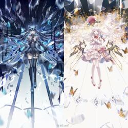  2girls 4ikur0 absurdres aiguillette animal_ears arcaea artist_name ascot beret black_dress black_gloves black_hair black_thighhighs blue_bow blue_butterfly blue_eyes bow bowtie broken_glass bug butterfly carnation cat_ears closed_mouth collage commentary_request crystal_wings detached_collar detached_wings double_bun dress fake_animal_ears finger_to_mouth flower frilled_dress frilled_skirt frilled_thigh_strap frills garter_straps gem_hat_ornament glass glass_shards gloves hair_bow hair_bun hat hat_ribbon highres hikari_(arcaea) hikari_(fracture)_(arcaea) layered_dress long_hair long_sleeves looking_at_viewer mechanical_wings multiple_girls off-shoulder_dress off_shoulder own_hands_together pink_ascot pink_carnation pink_flower red_bow red_bowtie red_hat ribbon shoes shushing signature skirt smile straight-on tairitsu_(arcaea) tairitsu_(tempest)_(arcaea) thigh-highs thigh_strap twitter_username two-tone_bow unworn_hat unworn_headwear white_dress white_hair white_shoes white_thighhighs wings yellow_butterfly 