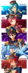  5boys bat_(animal) bird black_hair blue_hair bow candy chocolate closed_mouth commentary_request dove eccentric_five_(ensemble_stars!) ensemble_stars! envelope fish floating_hair flower food frilled_sleeves frills gloves green_eyes hand_up hands_up hat heart heart-shaped_chocolate heart-shaped_food hibiki_wataru highres itsuki_shu l_hand long_hair looking_at_viewer lzk_(qinglan_2205) male_focus mouth_hold multicolored_hair multiple_boys offering_hand official_alternate_costume one_eye_closed open_mouth pink_hair red_eyes red_hair rose sakasaki_natsume sakuma_rei_(ensemble_stars!) shinkai_kanata short_bangs short_hair smile streaked_hair teeth the_oddballs_(ensemble_stars!) tongue tongue_out two-tone_hair upper_body upper_teeth_only very_long_hair violet_eyes white_hair 