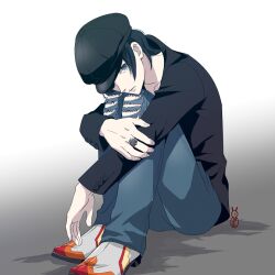  1boy black_hair black_hat black_jacket denim gradient_background grey_eyes hat hat_over_one_eye jacket jeans jewelry knees_to_chest looking_at_viewer machinosuke male_focus nitta_isamu pants ring shin_megami_tensei shin_megami_tensei_iii:_nocturne shoes short_hair sitting solo torn_clothes torn_jeans torn_pants 