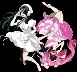  2girls absurdres alien_stage ankle_scrunchie black_background black_hair bow dress dress_bow elbow_gloves gloves headset heart highres li_zao_yu_qiqi long_hair microphone mizi_(alien_stage) mizi_(zombie_stage) multiple_girls pink_bow pink_dress pink_hair pink_scrunchie pink_shoes rotational_symmetry scrunchie shoes strapless strapless_dress sua_(alien_stage) sua_(zombie_stage) twintails white_bow white_dress white_gloves white_shoes zombie_stage 