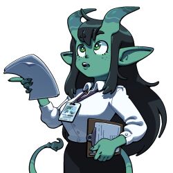  1girl breasts colored_skin commentary demon_girl demon_horns demon_tail discount-supervillain english_commentary holding horns long_hair monster_girl original pointy_ears shirt simple_background solo tail transparent_background 