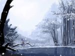  blue_hair cirno nature pe-tan pond scenery short_hair sitting snow solo touhou tree trees water wings winter 