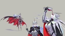  1girl alcohol arm_guards armor armored_boots biting_own_lip black_bodysuit black_cape bodysuit boots breastplate breasts brown_background cape commentary crown cuisses cup drinking drinking_glass english_commentary fangs from_side full_body gauntlets greaves hat_over_eyes highres knee_guards long_hair multicolored_cape multiple_views open_mouth original outstretched_arms pale_skin pauldrons pointy_ears red_cape red_lips red_wine sabaton shoulder_armor silver_armor silver_crown simple_background small_breasts speedoshi spread_arms upper_body vampire white_hair wine wine_glass 