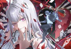  0p78xopwsj83779 1boy 1girl ace_(playing_card) ace_of_clubs aha_(honkai:_star_rail) arm_up asymmetrical_sleeves bare_shoulders black_gloves black_jacket black_pants black_shoes black_sleeves bright_pupils caelus_(honkai:_star_rail) card club_(shape) commentary crazy_grin crazy_smile detached_sleeves diamond_(shape) diamond_hair_ornament dress earrings english_commentary eyelashes fingerless_gloves fingernails floating_card four_of_diamonds frilled_sleeves frills glint gloves grey_hair grin hair_between_eyes hair_intakes hair_ornament hand_up head_tilt heart highres holding holding_wand honkai:_star_rail honkai_(series) hood hood_down hooded_jacket jacket jewelry joker_(playing_card) king_(playing_card) king_of_spades long_hair long_sleeves looking_at_viewer mismatched_sleeves nail_polish nihilux_(honkai:_star_rail) open_clothes open_jacket pants playing_card red_nails red_ribbon red_sleeves ribbon seven_of_hearts seven_of_spades shirt shoes short_hair sidelocks six_of_spades smile spade_(shape) sparkle strapless strapless_dress teeth three-quarter_sleeves trailblazer_(honkai:_star_rail) upper_body violet_eyes wand white_pupils white_shirt 