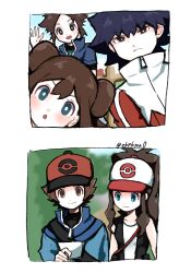  2girls 3boys :o black_hair black_vest blue_jacket bright_pupils brown_hair closed_mouth commentary_request hat high_collar high_ponytail highres hilbert_(pokemon) hilda_(pokemon) holding holding_photo hugh_(pokemon) jacket multiple_boys multiple_girls nate_(pokemon) open_clothes open_mouth open_vest photo_(object) pokemon pokemon_black_2_and_white_2 pokemon_black_and_white ponytail rosa_(pokemon) shirt short_hair sidelocks twitter_username vest white_hat white_pupils white_shirt zakku_(zkpkmn0) zipper_pull_tab 