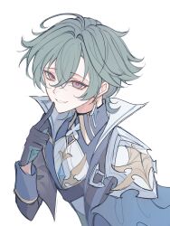  1boy absurdres ahoge armor belt black_belt black_choker black_gloves blue_gem blue_gloves blue_jacket choker collared_shirt commentary crossed_bangs crowrian_02 earrings empty_eyes eyelashes gem genshin_impact gloves green_eyes green_hair hair_between_eyes hand_up highres index_finger_raised jacket jewelry lapels lohen_(genshin_impact) long_sleeves looking_at_viewer male_focus mole mole_under_eye multicolored_eyes open_clothes open_jacket pendant pink_eyes shirt short_hair shoulder_armor shoulder_belt simple_background single_earring smile solo teeth two-sided_fabric two-sided_gloves two-sided_jacket white_background white_jacket white_shirt 