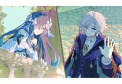  1boy 1girl ahoge ascot balcony bare_shoulders black_hair blue_eyes bright_pupils collared_jacket commentary_request den_dendayo detached_sleeves dress fins flower genshin_impact hair_between_eyes hair_flower hair_ornament hair_over_one_eye hand_on_railing hand_up head_fins highres jacket jewelry long_hair long_sleeves looking_at_another mitya_(genshin_impact) open_mouth outdoors pendant purple_jacket railing sett shirt short_hair smile sunlight very_long_hair violet_eyes vodyanitsa_(genshin_impact) waving white_ascot white_dress white_hair white_shirt 