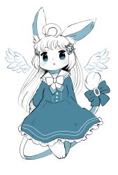  1girl ahoge animal_feet barefoot blue_theme blush bow bowtie chinchilla_ears chinchilla_girl chinchilla_tail commentary_request detached_wings double_horizontal_stripe dress feathered_wings frilled_dress frilled_hair_tubes frills full_body furry furry_female hair_tubes highres long_hair long_sleeves monochrome open_mouth original po!_(popoemo) sailor_collar sailor_dress simple_background solo standing tail tail_bow tail_ornament thick_eyebrows white_background wings 