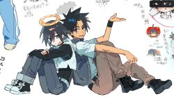  2boys apple art_program_in_frame belt black_eyes black_hair black_shoes blush boots chibi chibi_inset chinese_text closed_mouth commentary_request crop_top doodle_inset false_memory food fruit guan_chao_(false_memory) guan_chao_(teenager)_(false_memory) haiena_utopia hair_down halo he_mingshuo highres jewelry long_sleeves male_focus multiple_boys necklace open_mouth pants shirt shoes short_sleeves simple_background simplified_chinese_text sleeveless smile spiky_hair sushi white_background white_shirt wristband 