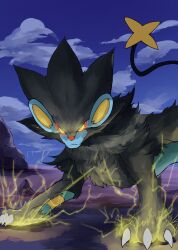  black_fur claws closed_mouth clouds colored_sclera commentary_request electricity highres looking_at_viewer luxray neoruru_illust no_humans outdoors pokemon pokemon_(creature) red_sclera sky solo tail yellow_eyes 