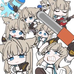 1girl arknights arknights:_endfield bare_shoulders bird_girl bird_wings black_gloves black_pantyhose blue_eyes chainsaw clenched_teeth commentary dress electric_guitar fortnite gloves grey_hair guitar highres holding holding_chainsaw holding_guitar holding_instrument instrument jacket long_hair looking_at_viewer multiple_views off_shoulder open_clothes open_jacket palms_together pantyhose perlica_(arknights) simple_background splashing teeny_(nonzone) teeth two-sided_gloves white_background white_dress white_jacket wings yellow_gloves 