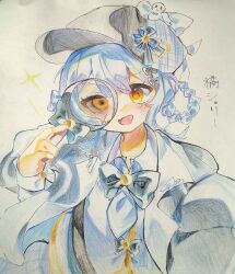  1girl black_capelet black_hat blue_hair blush bow braid braided_hair_rings capelet character_name colored_pencil_(medium) commentary_request deerstalker hair_rings hat highres holding holding_magnifying_glass long_sleeves magnifying_glass mahou_shoujo_no_majo_saiban necktie open_mouth shirt short_hair smile solo sparkle spoilers tachibana_sherry traditional_media user_dxmp5853 yellow_eyes 