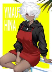  1girl apron black_jacket breasts choker closed_mouth commentary_request dark-skinned_female dark_skin hataraki_kuma highres hood hooded_jacket jacket jitome large_breasts on_railing original pendant_choker pink_eyes railing red_apron short_hair sitting solo very_dark_skin white_hair 