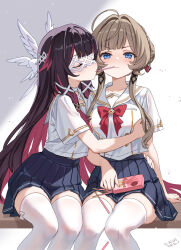  2girls alternate_costume black_hair black_skirt blue_eyes blush breasts brown_hair closed_eyes colored_inner_hair columbina_(genshin_impact) commentary_request eye_mask food genshin_impact head_wings highres hug imminent_pocky_kiss kkkula_(kula) large_breasts long_hair long_sidelocks mask multicolored_hair multiple_girls pleated_skirt pocky pocky_kiss red_hair sandrone_(genshin_impact) school_uniform shirt sidelocks sitting skirt thigh-highs white_shirt white_thighhighs wings yuri 