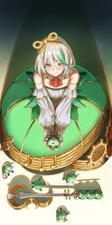  1girl cecilia_immergreen detached_collar detached_sleeves doll_joints dress from_above green_dress green_eyes grey_hair highres hololive hololive_english instrument joints otomo_(cecilia_immergreen) popcorn_bucket sadriv violin virtual_youtuber winding_key 
