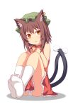  1girl absurdres animal_ear_fluff animal_ears bare_shoulders brown_eyes brown_hair cat_ears cat_tail chen dress earrings feet full_body furagu hat highres jewelry kneehighs knees_up light_blush looking_at_viewer medium_hair mob_cap multiple_tails nekomata panties parted_lips red_dress simple_background solo tail touhou two_tails underwear upskirt white_background white_legwear 