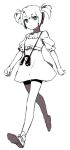  1girl bangs belt clenched_hand closed_mouth commentary_request doll dress eyebrows_visible_through_hair green_eyes greyscale hair_ornament looking_at_viewer misti monochrome shoes short_dress short_hair short_sleeves solo spot_color steins;gate tennouji_nae toy twintails walking 