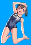  1girl absurdres artist_name barefoot black_hair blue_background blue_swimsuit breasts full_body highres kuraue_hinata leaning_to_the_side looking_at_viewer mu-pyon name_tag old_school_swimsuit school_swimsuit small_breasts smile solo swimsuit twintails v violet_eyes yama_no_susume 
