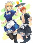  1boy 1girl :o absurdres ahoge alternate_costume apron artoria_pendragon_(all) back_bow backless_dress backless_outfit black_dress black_legwear blonde_hair blue_bow blue_dress blush bow bowtie cowboy_shot crossdressinging cup dress drinking_glass emiya_shirou enmaided fate/stay_night fate_(series) frilled_apron frilled_dress frilled_legwear frills green_eyes highres holding holding_tray looking_to_the_side maid maid_headdress messy_hair multicolored multicolored_background open_mouth orange_hair saber short_dress short_hair sidelocks standing standing_on_one_leg thigh-highs tray tuto_(mokuchin09) white_apron white_bow wrist_cuffs yellow_eyes zettai_ryouiki 