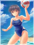  1girl arm_up ball bangs beach beachball black_hair blue_sky breasts brown_eyes clouds commentary_request competition_school_swimsuit competition_swimsuit covered_nipples day highres holding holding_ball medium_breasts ocean one-piece_swimsuit open_mouth original outdoors outstretched_arm short_hair sky smile solo standing swimsuit tamanegiinyo wading water water_drop waves wet 