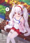  1girl animal_ears artist_name azur_lane bangs bench chinese_commentary commentary_request dated drink expressionless eyebrows_visible_through_hair foliage from_above hair_between_eyes headband highres holding holding_drink jacket laffey_(azur_lane) looking_down pavement pink_jacket pleated_skirt red_eyes red_headband red_skirt shirt sidelocks sitting skirt soda solo spoken_squiggle squiggle stained_clothes twintails white_hair white_legwear white_shirt xiao_shi_lullaby 