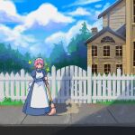  1girl akairiot apron blue_sky broom building closed_eyes clouds cloudy_sky day dress fence gate grey_dress highres holding holding_broom juliet_sleeves long_sleeves maid maid_apron maid_headdress original outdoors pink_hair puffy_sleeves short_hair sky smile solo sparkle standing tree white_apron wide_shot window 