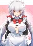  1girl absurdres apron black_dress breasts dress frilled_apron frills hair_ribbon highres juliet_sleeves large_breasts long_hair long_sleeves low_twintails maid maid_apron mizuno_tera original puffy_sleeves red_ribbon ribbon solo twintails very_long_hair white_apron white_hair wrist_cuffs yellow_eyes 