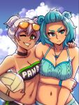  2girls akairiot aqua_hair bangs bikini blue_eyes blush bracelet breasts frostbite-chan_(akairiot) frostbite_(tournament) green_eyes hand_on_another&#039;s_shoulder highres jewelry large_breasts looking_at_viewer medium_breasts multiple_girls navel necklace one_eye_closed outdoors pan-chan_(panda_global) panda_global parted_lips short_hair smile swimsuit tan tanline upper_body volleyball white_hair 