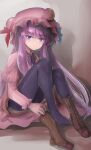  1girl black_legwear boots capelet commentary_request dress eyebrows_visible_through_hair full_body hat highres light_blush long_hair looking_at_viewer mob_cap namiki_(remiter00) pantyhose patchouli_knowledge purple_dress purple_hair sitting solo touhou very_long_hair violet_eyes 