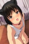  1girl absurdres animal_ear_fluff animal_ears bangs bare_arms bare_shoulders bed black_hair blurry blurry_background blush breasts brown_eyes cat_ears collar depth_of_field downblouse eyebrows_visible_through_hair fangs from_above highres indoors looking_at_viewer looking_up matsunaga_kouyou nose_blush open_mouth original red_collar small_breasts solo tank_top white_tank_top wooden_floor 