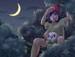  1girl arms_up bangs beanie black_hair blue_eyes commentary_request creature crescent_moon eyelashes floral_print gen_7_pokemon hat lyra_(hi7_15) medium_hair moon night open_mouth outdoors pokemon pokemon_(creature) pokemon_(game) pokemon_sm red_headwear rowlet selene_(pokemon) shirt sitting sky star_(sky) starter_pokemon tongue yellow_shirt 