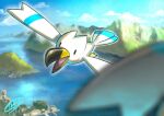  bird black_eyes clouds commentary_request day flying gen_3_pokemon kaosu_(kaosu0905) no_humans open_mouth outdoors pokemon pokemon_(creature) signature sky solid_oval_eyes tongue water wingull 