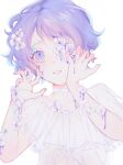 10_io 1girl blue_eyes blue_flower blue_hair blue_nails choker collarbone crying crying_with_eyes_open dress flower flower_over_eye frilled_dress frills hair_flower hair_ornament hands_up highres looking_at_viewer one_eye_covered original parted_lips purple_flower short_hair simple_background sleeveless sleeveless_dress solo tears teeth upper_body white_background white_choker white_dress white_flower 