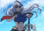 1girl akairiot bangs blue_sky breasts clouds cloudy_sky eleonora_viltaria floating_hair glint grey_hair hair_ornament highres large_breasts madan_no_ou_to_vanadis midriff navel red_eyes sky smile solo upper_body 