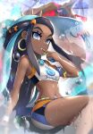  1girl armband armlet bare_shoulders belly_chain bike_shorts black_hair blue_eyes blue_eyeshadow blue_hair blue_shorts breasts commentary_request cowboy_shot dark_skin dark-skinned_female dive_ball drednaw dynamax dynamax_band earrings eyeshadow fourth_wall gen_8_pokemon gloves gonzarez gym_leader hair_bun highres holding holding_poke_ball hoop_earrings jewelry long_hair looking_at_viewer makeup midriff multicolored_hair navel necklace nessa_(pokemon) parted_lips partial_commentary partially_fingerless_gloves poke_ball pokemon pokemon_(creature) pokemon_(game) pokemon_swsh rain shorts sidelocks single_glove sitting small_breasts smile sports_bra swimsuit tankini two-tone_hair white_sports_bra writing 