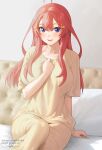  1girl :d ahoge arm_at_side artist_name bangs bed_sheet blue_eyes blush breasts collarbone go-toubun_no_hanayome hair_ornament hand_on_own_chest highres indoors large_breasts long_hair looking_at_viewer nakano_itsuki nhaliz on_bed open_mouth pajamas pillow redhead short_sleeves signature sitting smile solo star_(symbol) star_hair_ornament watermark web_address 