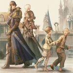  armor aymeric_de_borel black_hair blonde_hair child elezen elf final_fantasy final_fantasy_xiv highres kuroimori looking_at_viewer lucia_junius official_art pointy_ears second-party_source short_hair smile square_enix sword walking weapon 