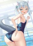  1girl animal_ears bangs blue_eyes blue_hair blush breasts cat_ears gawr_gura highres hololive hololive_english looking_at_viewer multicolored_hair one-piece_swimsuit open_mouth pool school_swimsuit sharp_teeth silver_hair smile solo streaked_hair swimsuit tail takumi11 teeth virtual_youtuber 