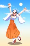  &gt;_&lt; 1girl absurdres arms_up blue_hair blue_sky closed_eyes clouds full_body hakama highres japanese_clothes open_mouth orange_hakama rakugaki-biyori red_eyes sandals sky smile solo sun tatara_kogasa touhou white_footwear wide_sleeves 