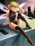  1girl blonde_hair bodysuit boots breasts closed_mouth elf_17 fairy fairy_wings highres leotard looking_at_viewer pointy_ears retro_artstyle ruu_(elf_17) short_hair skin_tight smile solo tamanegiinyo thigh-highs thigh_boots turtleneck wings 