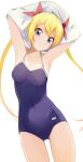  arm_behind_head blonde_hair blue_eyes hair_ribbon highres hiroki_(yyqw7151) kirisaki_chitoge long_hair looking_at_viewer nisekoi one-piece_swimsuit ribbon school_swimsuit simple_background swimsuit towel twintails white_background 