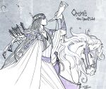  1boy arrow_(projectile) cape dated from_side holding holding_instrument horn_(instrument) horse instrument kazuki-mendou long_hair male_focus monochrome music orome playing_instrument purple_theme quiver signature silmarillion solo very_long_hair 