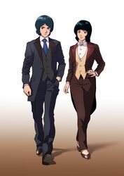  1boy 1girl absurdres beige_vest black_footwear black_hair black_jacket black_pants blue_hair brown_footwear brown_jacket brown_pants fa_yuiry formal grey_vest gundam hand_in_pocket high_heels highres jacket kamille_bidan looking_at_viewer medium_hair pants parted_lips smile suit suit_jacket teikoku_jokyoku vest walking zeta_gundam 