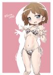  1girl absurdres adjusting_clothes adjusting_swimsuit animal_print bangs bikini blue_eyes blush border breasts brown_hair character_name commentary cow_print embarrassed eyebrows_visible_through_hair girls_und_panzer highres looking_at_viewer name_tag navel open_mouth outside_border pink_background print_bikini sakaguchi_karina short_hair side-tie_bikini silhouette small_breasts smile solo standing sweatdrop swimsuit translated twitter_username white_border yamakake_(tororo1293) 