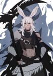  1boy animal_ears cloak crop_top dark_skin final_fantasy final_fantasy_xiv fingerless_gloves ghost gloves highres long_hair looking_at_viewer lyra-kotto midriff navel rabbit_ears reaper_(final_fantasy) red_eyes scythe smile stomach viera 