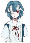  1girl arm_sling artist_name ayanami_rei bandage_over_one_eye bandaged_head bandages blouse blue_hair blue_skirt collarbone collared_blouse commentary_request expressionless highres neck_ribbon neon_genesis_evangelion one_eye_covered parted_lips red_eyes red_neckwear ribbon short_hair short_sleeves simple_background skirt solo suspender_skirt suspenders three9moon tokyo-3_middle_school_uniform_(evangelion) upper_body white_background white_blouse 