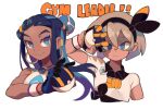  2girls bangs bea_(pokemon) black_hair black_hairband blonde_hair blue_eyes blue_eyeshadow blue_hair blush bow_hairband closed_mouth collared_shirt commentary_request dark_skin dark-skinned_female dynamax_band earrings eyelashes eyeshadow gloves grey_eyes gym_leader hair_between_eyes hair_bun hairband highres holding holding_poke_ball hoop_earrings jewelry korean_commentary long_hair makeup multicolored_hair multiple_girls necklace nessa_(pokemon) partially_fingerless_gloves poke_ball pokemon pokemon_(game) pokemon_swsh print_shirt shirt short_hair short_sleeves simple_background smile two-tone_hair ultra_ball unn1666 white_background 