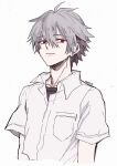 1boy ahoge artist_name black_shirt collarbone collared_shirt commentary_request eyebrows_visible_through_hair grey_hair highres light_smile looking_at_viewer male_focus nagisa_kaworu neon_genesis_evangelion red_eyes shirt short_sleeves simple_background solo three9moon white_background white_shirt 